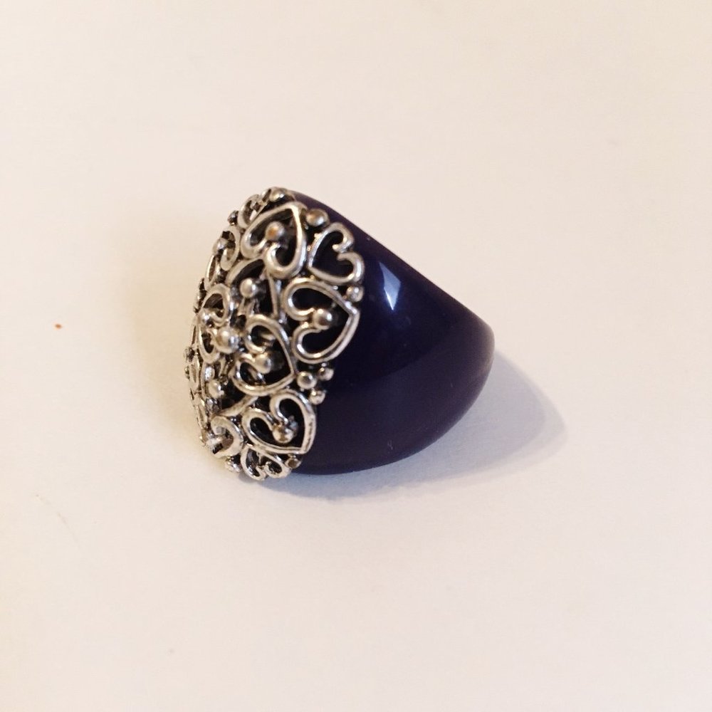 Boho Ring Purple Acrylic Silver Metal Ornate Filigree Vintage Size 8.25 - Picture 2 of 6